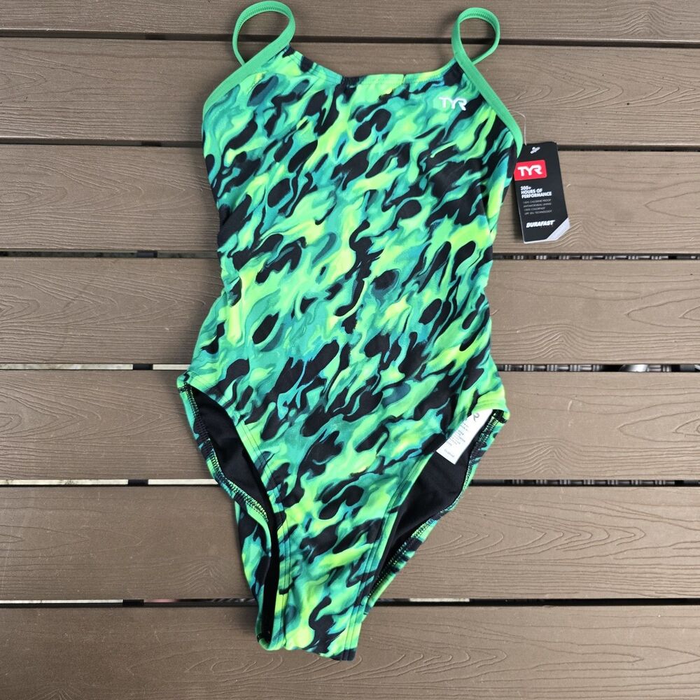 TYR Womens Durafast Elite Green Draco Cutoutfit 1 Piece Swimsuit SZ 28 New